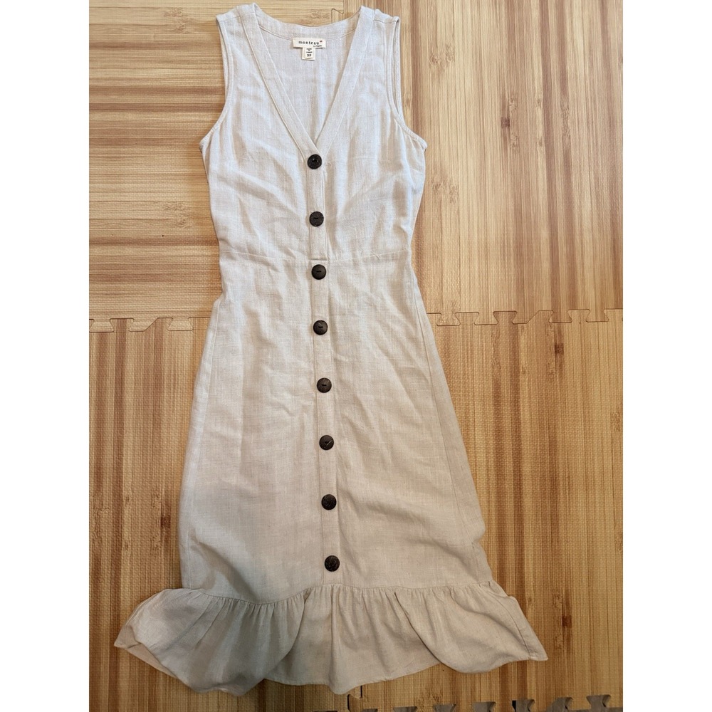 Monteau Linen Blend Midi Dress Womens XS White Button Front Ruffle Sleeveless
